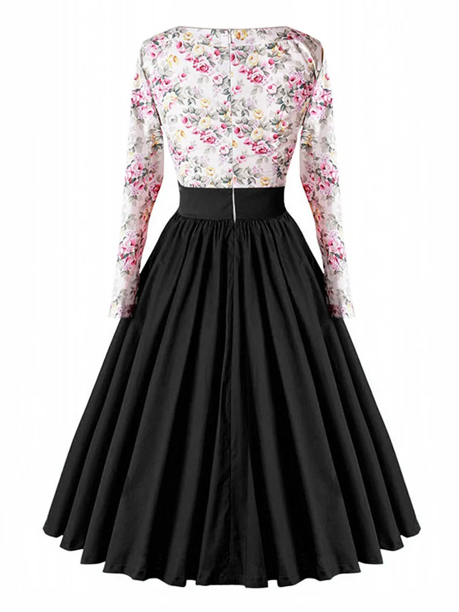 

Sale Women's Retro Print Dress 2021 Spring And Autumn New Round Neck Long Sleeve Casual Floral Stitching Large Swing Dresses