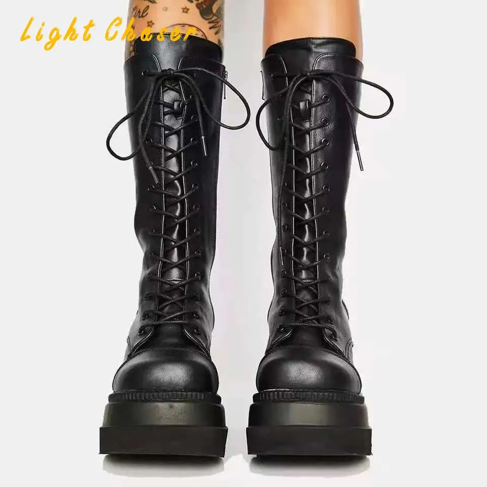 Brand Design Big Size 43 Black Gothic Style Cool Punk Motorcycles Boots Female Platform Wedges High Heels Calf Boots Women Shoes