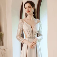 fashion satin long evening dress three quarter sleeve sequined a line birthday party gown lady apricot quinceanera dresses