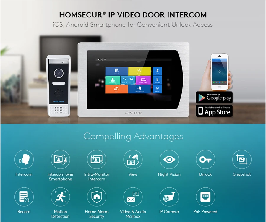 Система видеозвонков HOMSECUR 7-дюймовый экран PoE Wi-Fi с голосовым сообщением