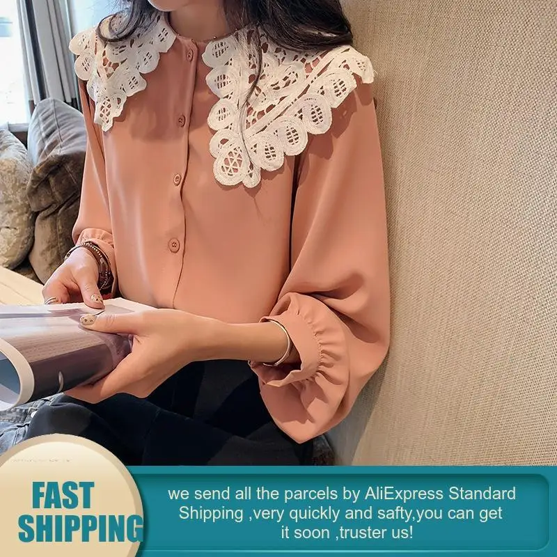 Korean Plus Size 5X Blouses For Women Lace Tops The Office Shirt Button Down Long Sleeved Loose Elegant Blusas Femininas 2020 |