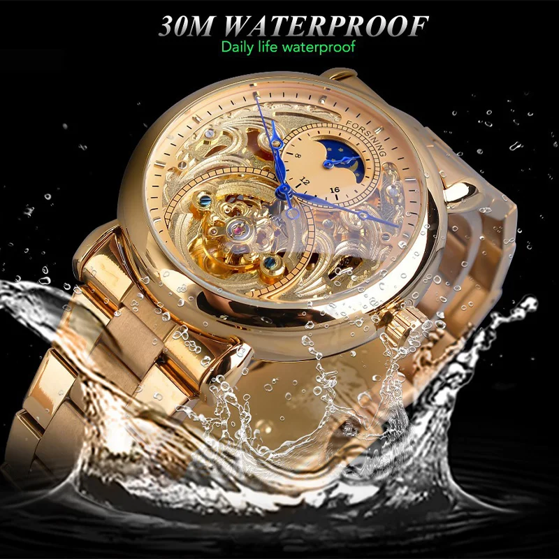 Мужские автоматические механические часы золотые полые дизайнерские стальные