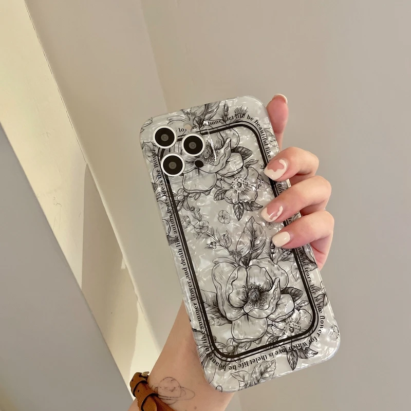 

Art Retro Rose Flower Shell Pattern Phone Case For iPhone 13 12 11 Pro Max X Xs Max Xr 7 8 Puls Cases Soft IMD Protective Cover