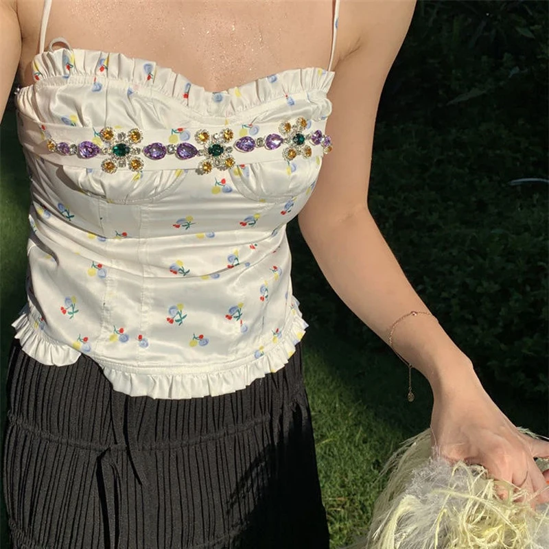 

Luxury Diamonds Camis Women Summer Ruffles Floral Printing Sleeveless Tops Sexy Ladies French Style Backless Camisole Brand Top