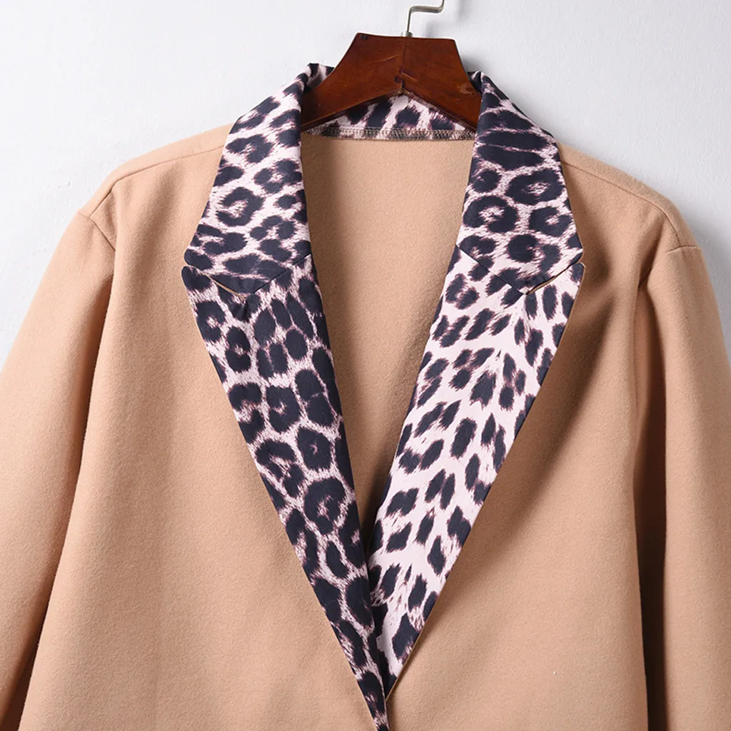 

Fashion Leopard Patchwork Coat Casual Ladies Long Button Pockets Jacket Woolen Coat Female Winter Long Sleeve Womens Outerwear