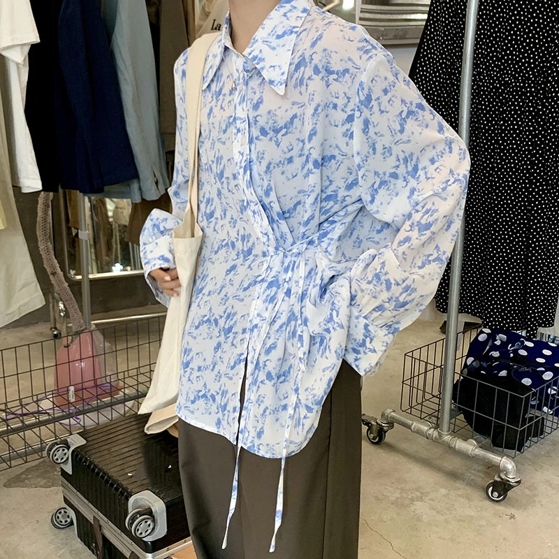 

Korean Chic Autumn New Harajuku Vintage Tie-dye Printing Blouses Shirt Bandage Bow Design Full Sleeve Casual Loose Blouses Shirt