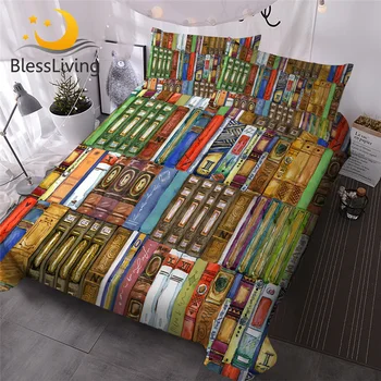 BlessLiving Books Printed Bedding Set Watercolor Duvet Cover with Pillow Cases 3-Piece Colorful Bedspreads Modern Home Bed Cover 1