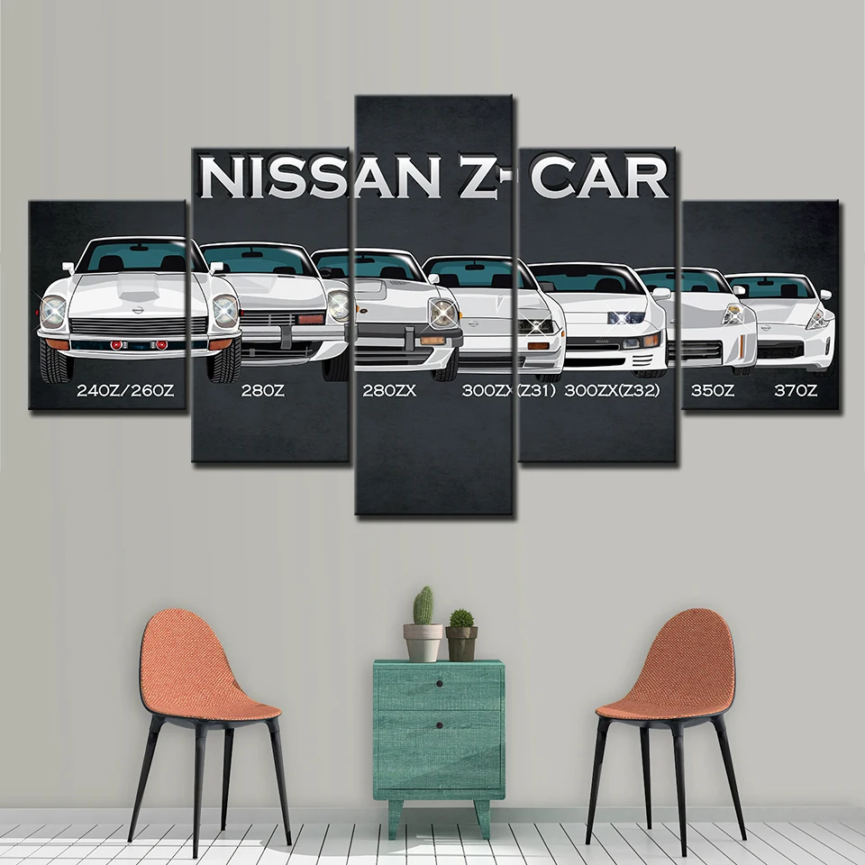 Постер на холсте с изображением исторических моделей Nissan Z 5 шт. | Дом и сад