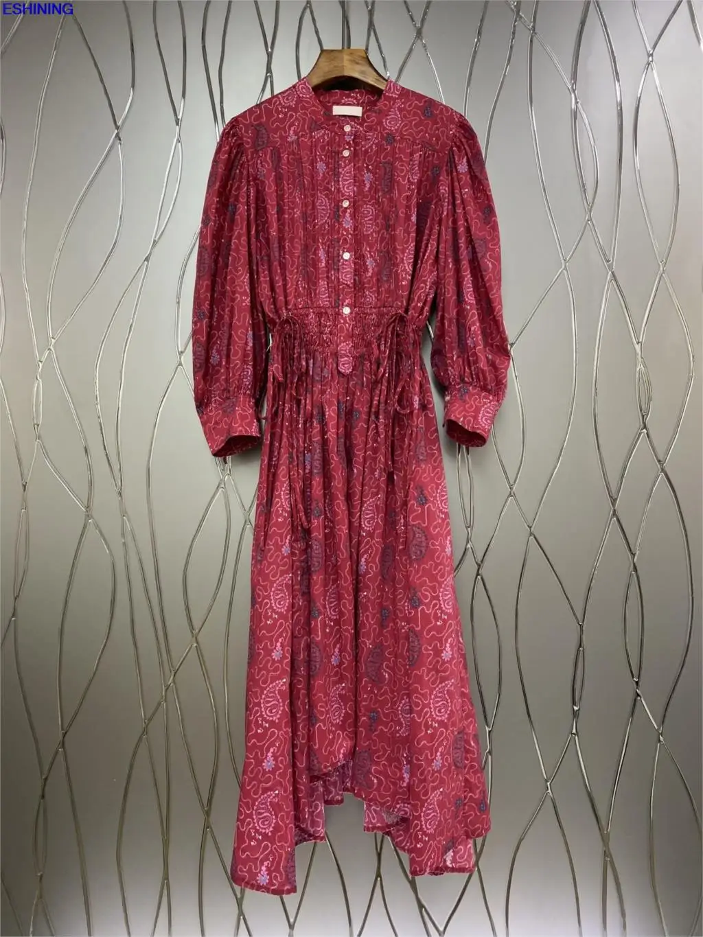 

2021 red lace-up printed cotton dress new spring women's waist lantern sleeves pink real silk