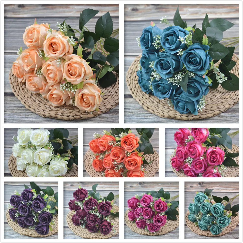 

Artificial flowers 9 head oil painting roses Autumn roses home wedding photography decoration oil painting peony fake flowers