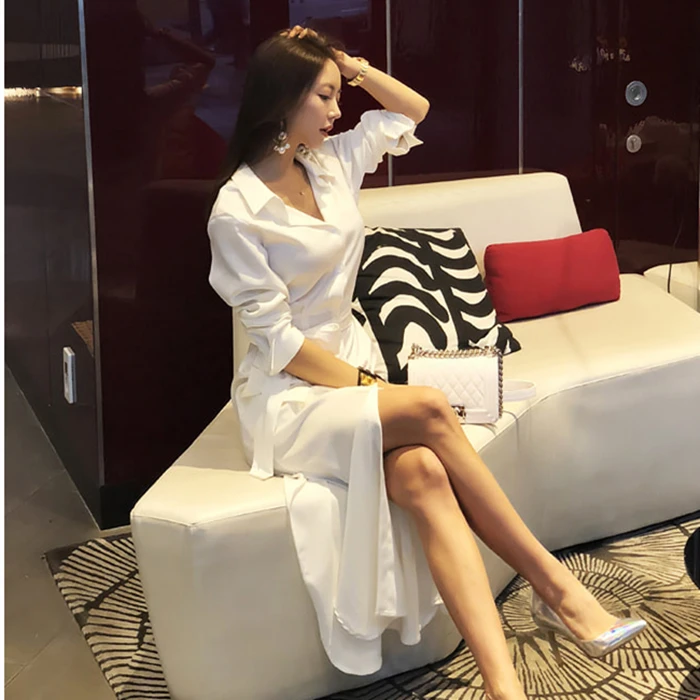 

Summer White Shirts High Split Dress For Women long Sleeve Belted Slim Waist Long Office Ladies Dresses