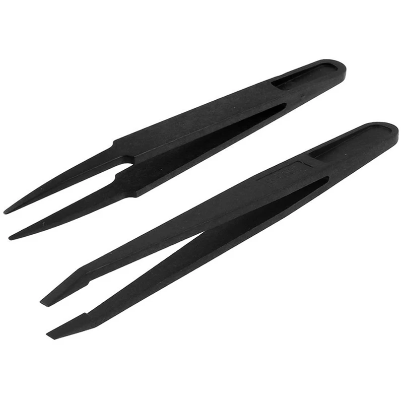 6 Pcs Anti Static Black Plastic Tweezers Nipper, 3 Pcs Round & 3 Pcs Pointed