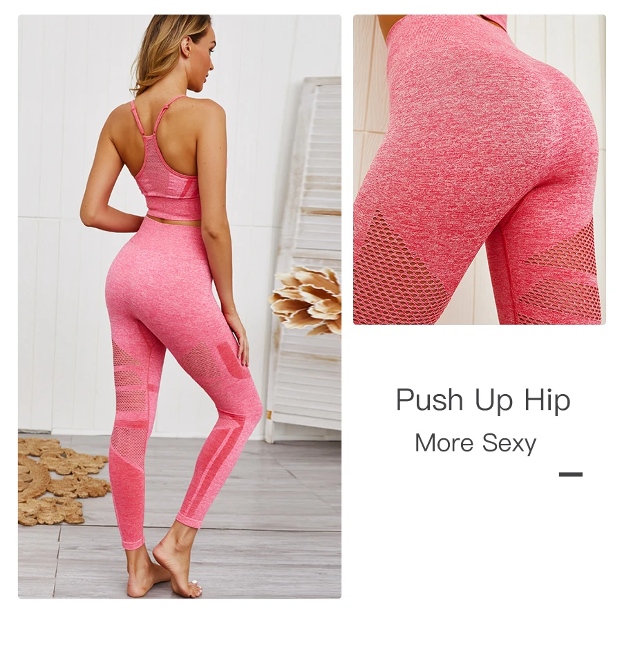 Seamless 2 Piece Knitted Yoga Set Fitness Set Woman Gym Leggings Padded Push-Up Strappy Sports Bra Sports Suits