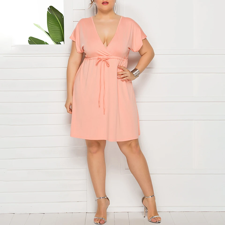 

Deep Plunge Drawstring Dress Low Cut Plain Oversize Dress Fat Big Size 4xl Sukienka A Line Women Bandage Mini Dress Party V Neck