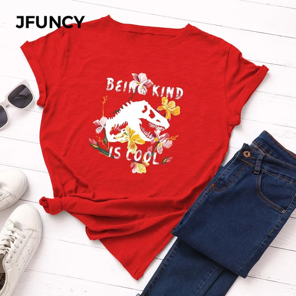 JFUNCY  Women Cotton Tshirt Dinosaur Graphic Print Loose Tees Shirt Short Sleeve Woman Casual T-shirt Summer Female Top