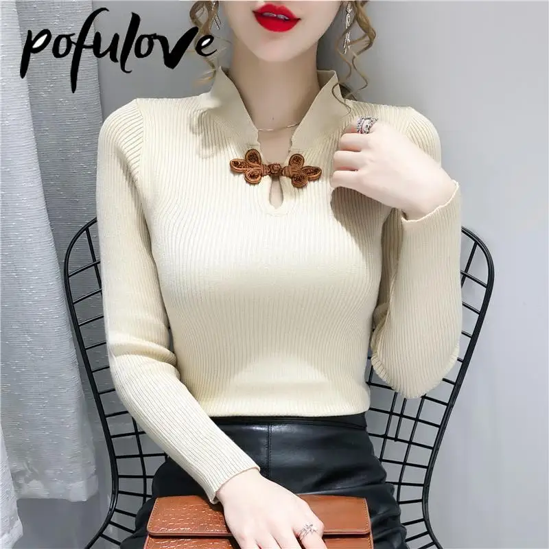 

Sweater Women's Half Turtleneck Slimming Top Pullover Solid Color Knitwear Cheongsam Collar Trending Sweater Autumn and Winter