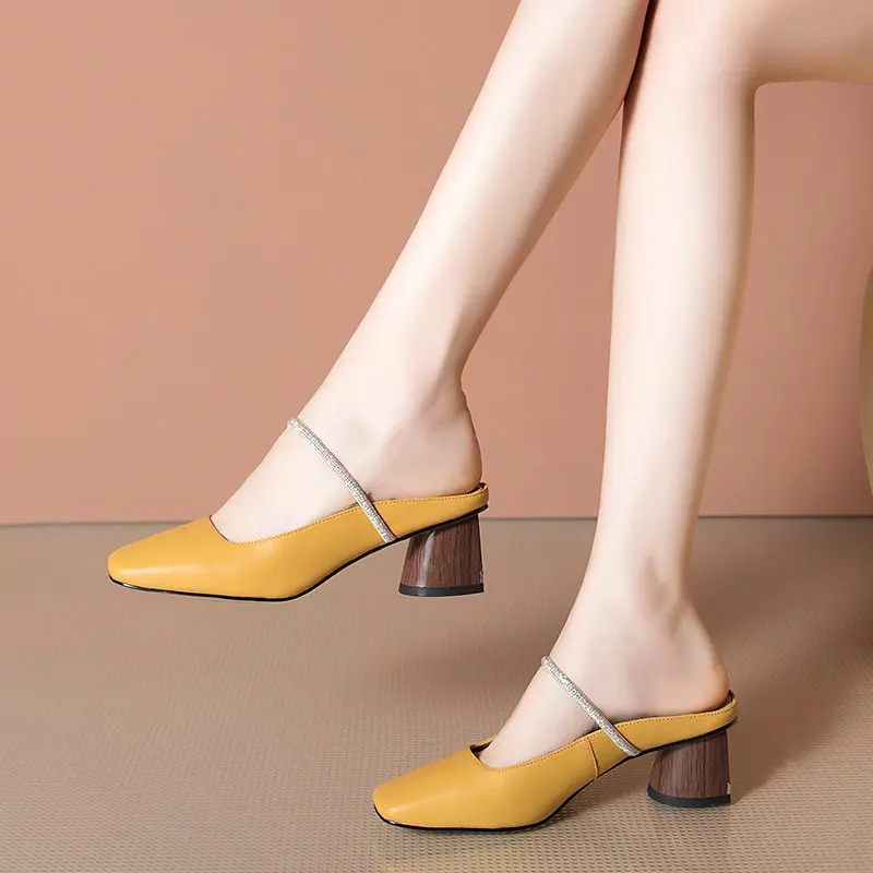 

Women genuine Leather slippers Square high Heel Fashion Summer Comfort Slippers Lady pumps Women Casual Shoes Woman
