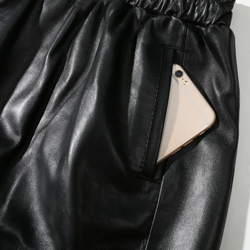 

Leather skirt black women's waist elastic knee length stripe sheepskin women's skirt leather sheepskin women's skirt