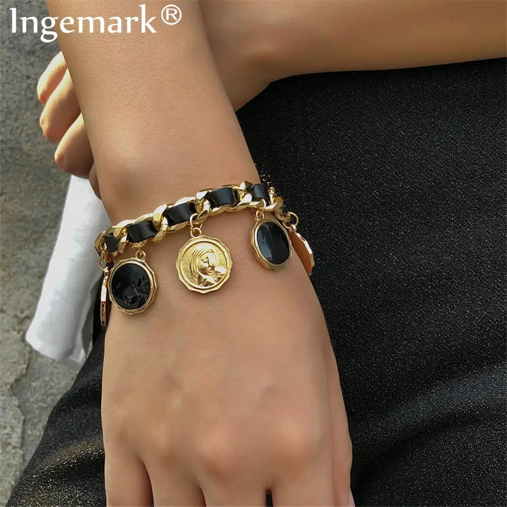 Женский резной массивный браслет цепочка в стиле стимпанк из искусственной кожи