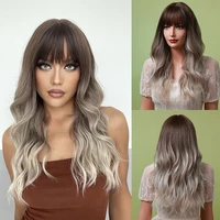 henry margu medium length wavy brown to blonde ombre synthetic wigs for women with bangs heat resistant natural cosplay hair wig