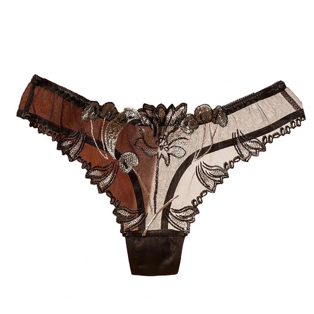 

80% Hot Sales!!! Thong Transparent Low Waist Nylon Sexy Women Mesh Yarn Flower Embroidery Panties for Honeymoon