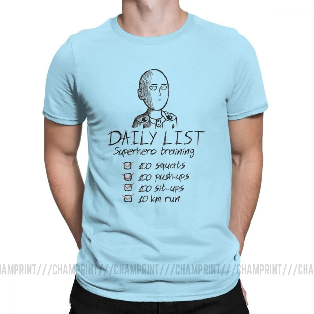 One Punch Man, футболки для мужчин, Saitama OPM Oppai, Аниме Манга, чистый хлопок, футболки, короткий рукав, футболка, одежда с принтом - Цвет: Небесно-голубой