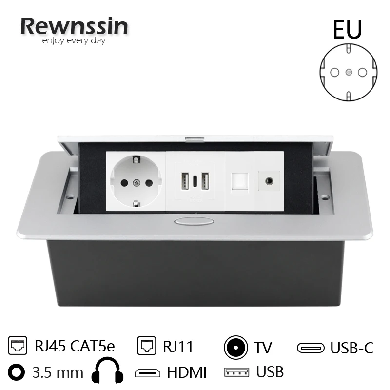 

Настольная розетка с медленным выдвижным разъемом, розетка европейского стандарта со скрытым блоком питания из серебристого алюминиевого ...