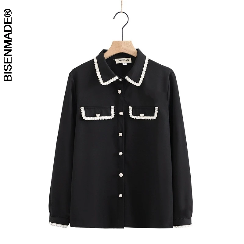 

Women's Clothing Blouses&Shirts Plus Size Spring/Autumn 2021 Fashion Casual Loose Long Sleeve Chic Two Pockets Tops