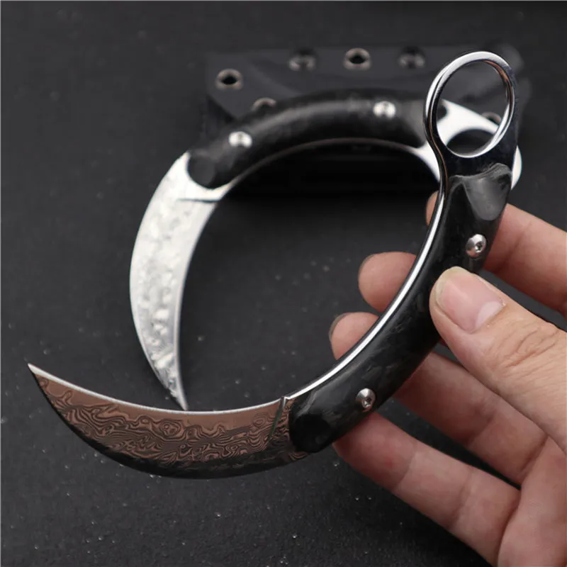 HS инструменты дамасское лезвие Karambit углеродное волокно ручка тактический охотничий Открытый нож кемпинг выживания битва Фиксированное Лезвие Нож