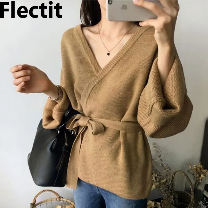 

Flectit кардиган женский с поясом широкими рукавами свитер с широким горлом *