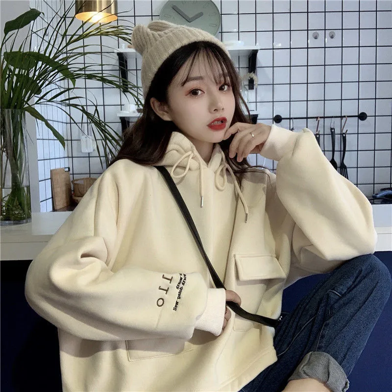 

Autumn Hoodies Women Cool Blue Female New Sweatshirts Fashion BF Beauty High Street Japan Harajuku Grenn Pocket Hoodie Tops