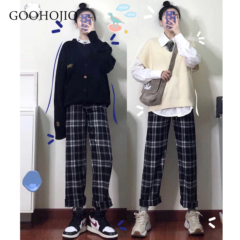 

GOOHOJIO Harajuku Plaid Pants for Women Trousers 2021 Streetwear Woman Harem Pants Autumn Ladies Causal Pants Plus Size S-2XL