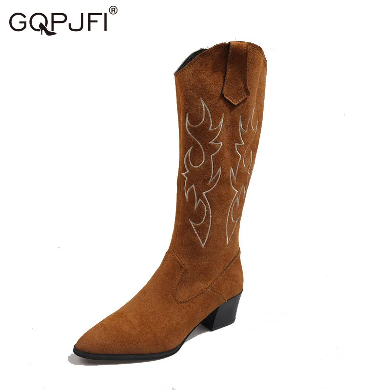 

Women's Autumn Shoes European Style Knee Faux Suede Pointed Thick Heel Ladies High Boots Western Cowboy Embroidery Knight Boots