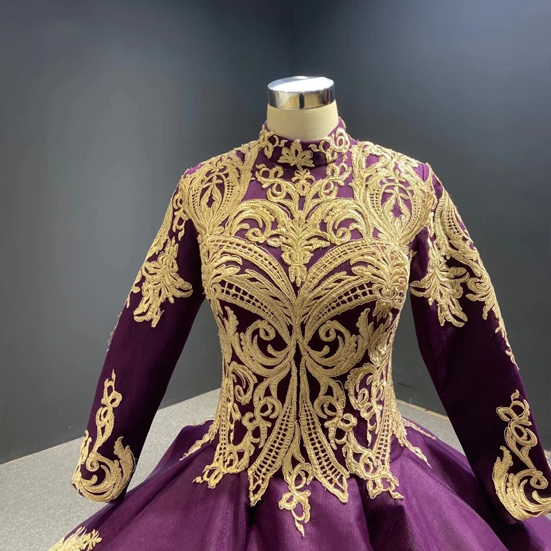 J66705 Elegant Golden Appliques Long Sleeve High Neck Noble Purple Muslim Evening Dress 2020 Ball Gowns мусульманское платье