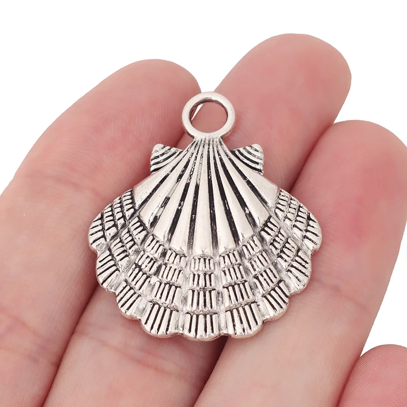 

5 x Tibetan Silver Seashell Shell Scallop Charms Nautical Beach Pendants for Necklace Making Findings 36x30mm