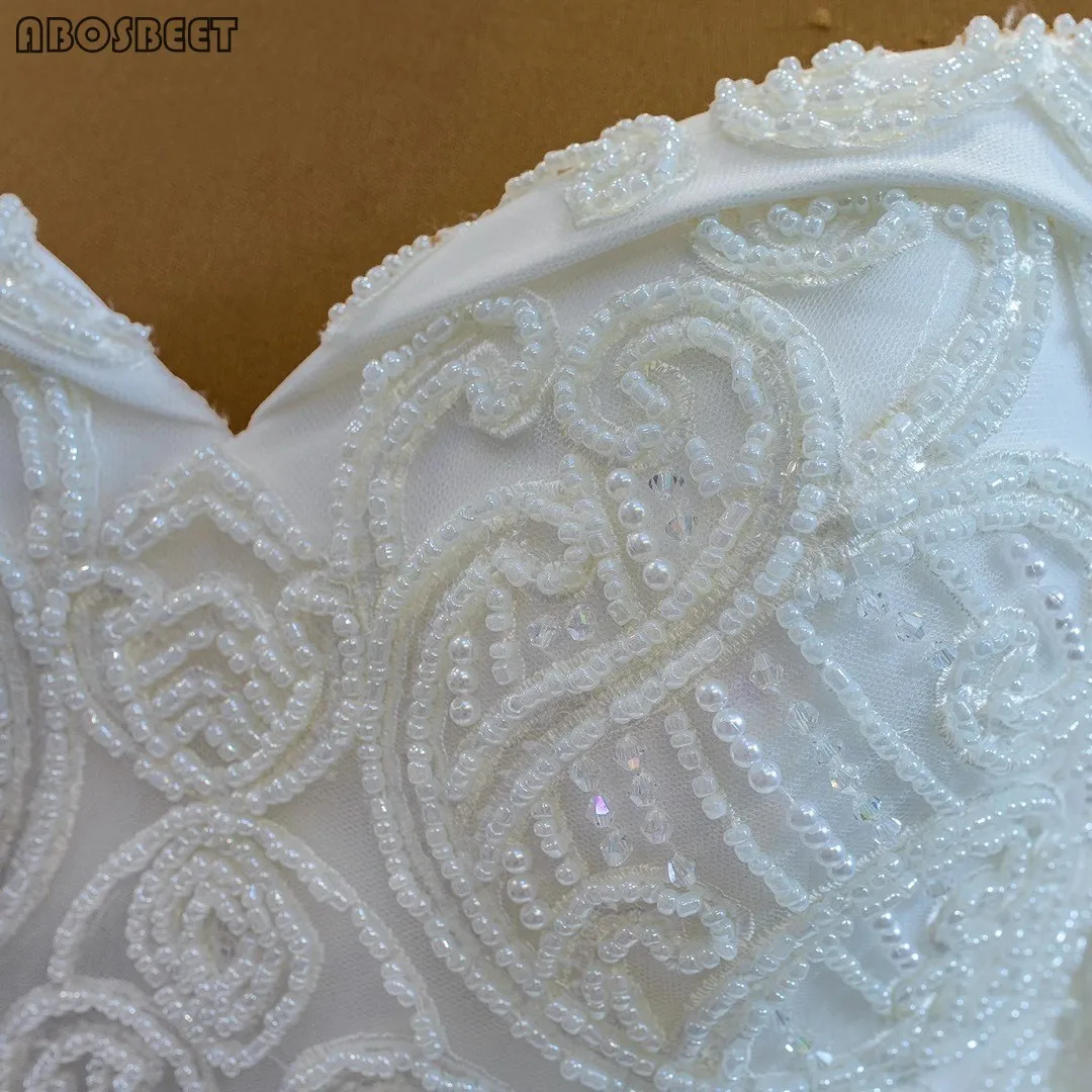 

Off Shoulder Wedding Dress Long Sleeve Lace Wedding Gown Plus Size with Long Train Luxury Beads Sweetheart Lace Up Back