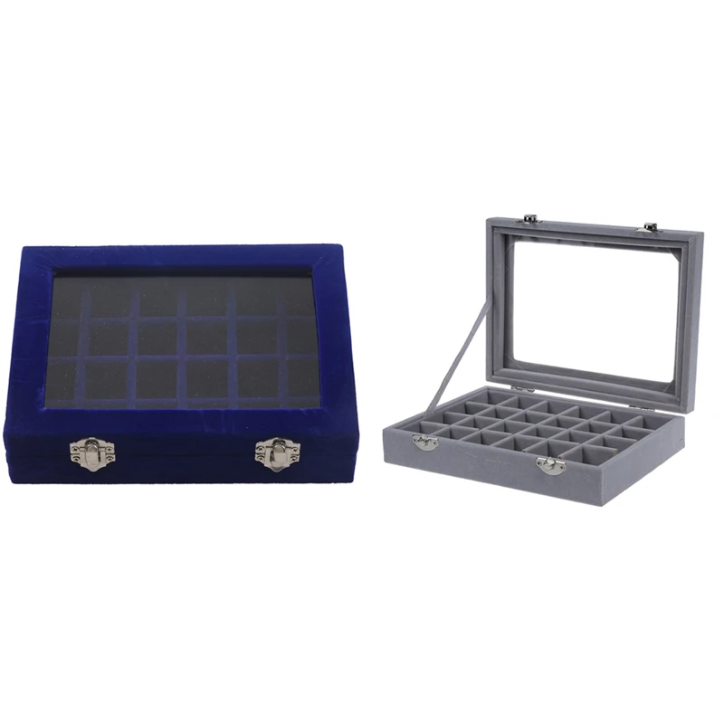

2 Pcs 24 Grid Display Box Jewelry Storage Glass Bracelet Watch Pillow Buckle Grey & Blue