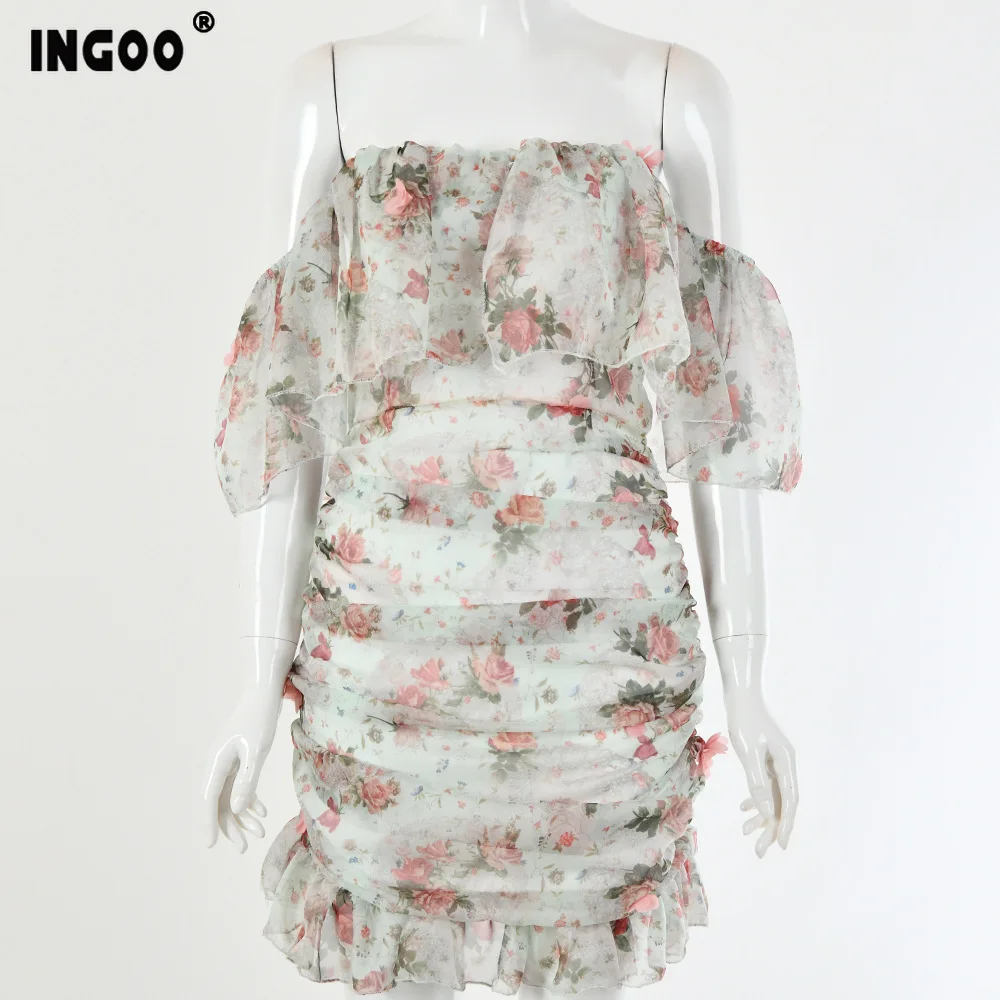 Женское мини платье с оборками открытыми плечами и цветочным принтом|Женские
