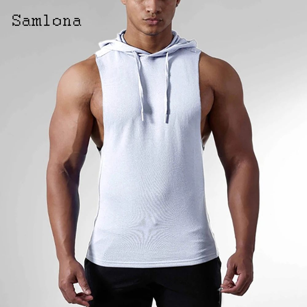 

Samlona Lace-up Tank Top Sleeveless Hooded Shirt Men Fashion Bodybuilding Vest Clothing Latest Summer Casual Skinny Pullovers