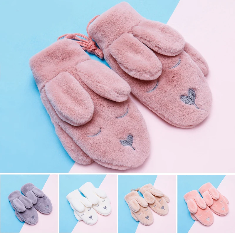 Купить Милые перчатки на подвеске с кроличьими ушками, зимние, с мехом для тепла на улице, для женщин, модель SDFA88.