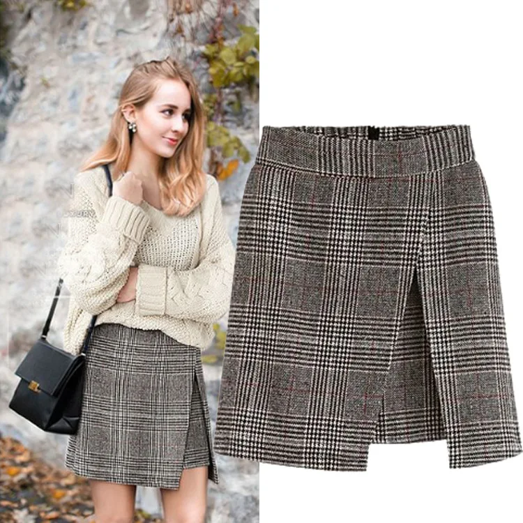 

Autumn/Winter Retro Fragrance A-line Skirt Elegant and Versatile Front Slit Classic Plaid Skirts for Women Punk Harajuku Skirt