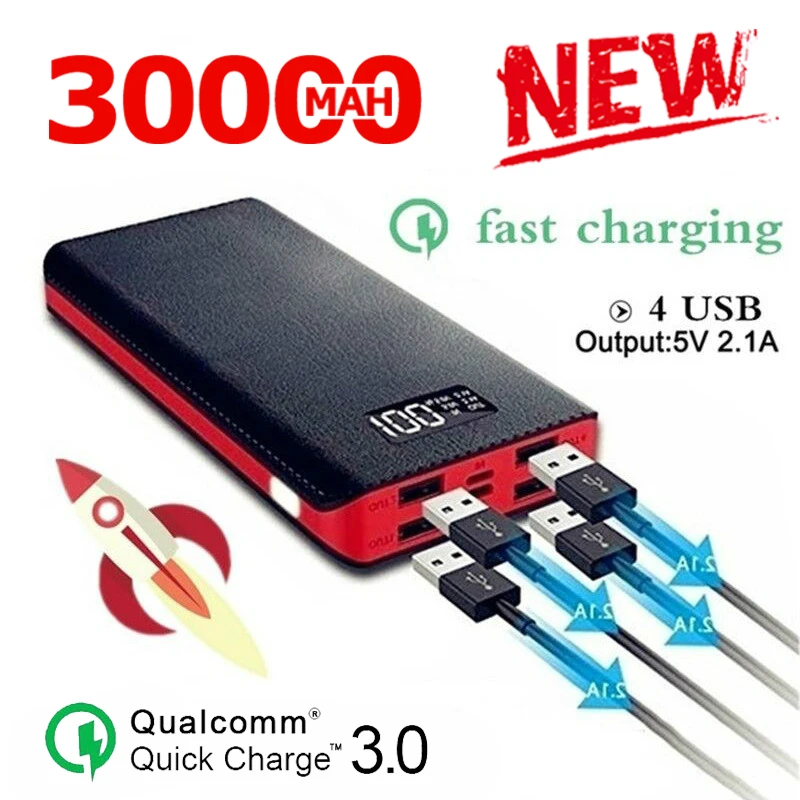 Портативный внешний аккумулятор 30000 мАч 4 usb порты ЖК дисплей светодиодный