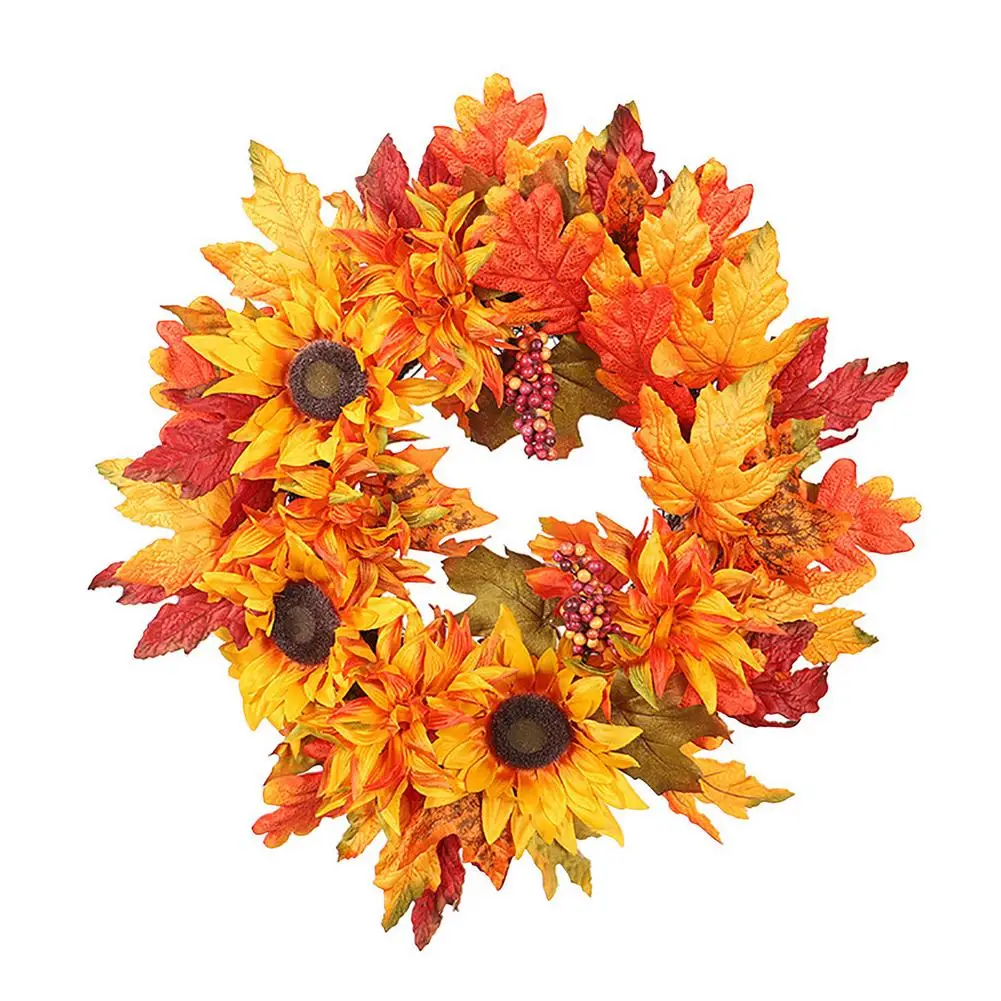 

50cm Autumn Themed Wreath Thanksgiving Fall Garland Halloween Decor Artificial Maple Leaf Wreath Door Hanging Hanging Wreath