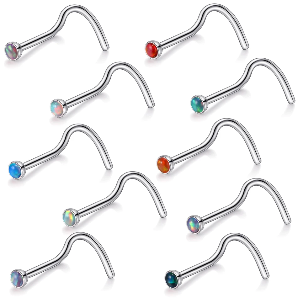 

10Pcs/lot Stainless Steel Nose Stud Earrings Mixed 10 Colors Opal Nose Piercing 20G Nostril Bone Screw Nostril Nariz Earrings