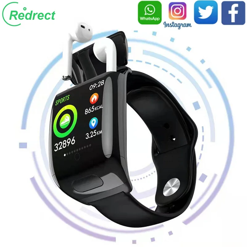 2021 Redrect смарт браслет часы Bluetooth TWS гарнитура два в одном звонки музыка пульсометр