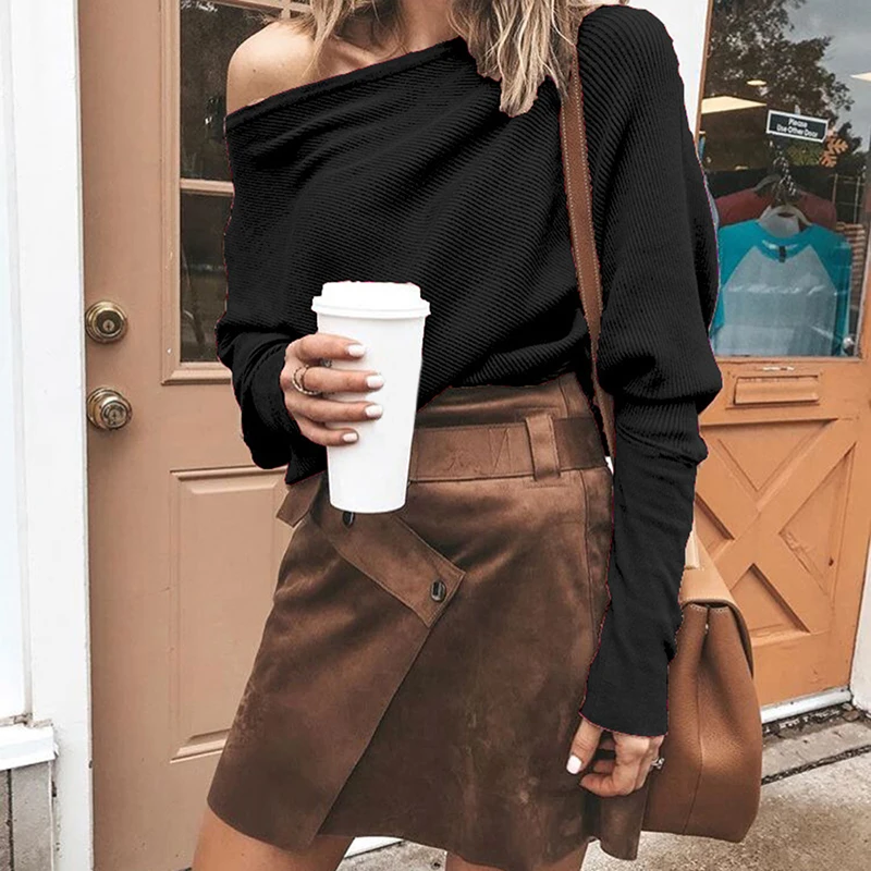 

Sweater Sexy Women Sweaters Solid Color Off Shoulder Long Sleeve Sweater Loose Knitted Pullover jumpers female streetwear jumper