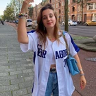 Женские винтажные рубашки большого размера, летние блузки на пуговицах с вышитыми буквами и коротким рукавом, белый и синий цвета