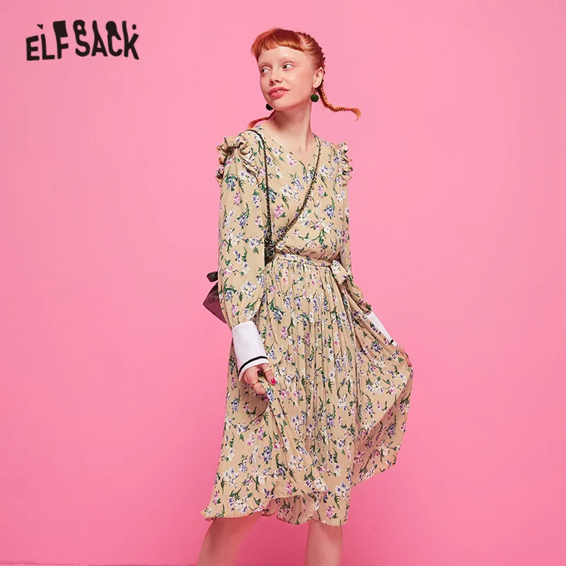 ELFSACK, разноцветное женское платье с цветочным принтом, с оборками, с поясом,, Осеннее, с воланом, рукав, бохо, повседневное, для офиса, для девушек, повседневные платья
