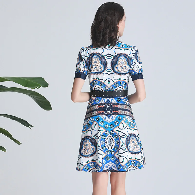 

Spring and Summer New Women's Collar Short-Sleeved Printed Belt Waist Trimming Short Socialite Temperament A- line Dress