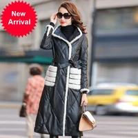 sheepskin fashionable leather down jacket womens mid length mink fur stand collar lace up leather coat